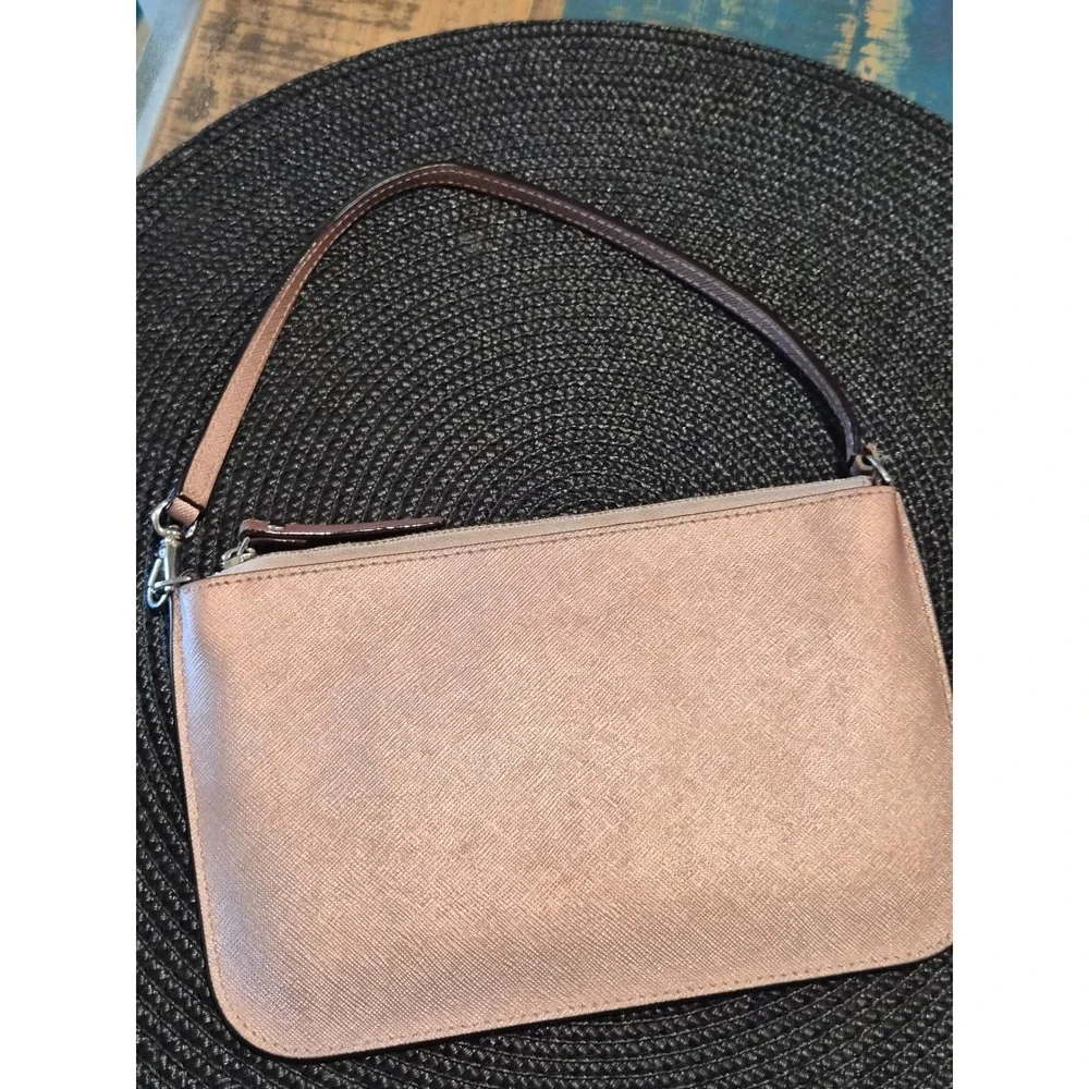 Kate Spade Rose Gold Saffiano Leather Wristlet Clutch Bag Metallic Pink Pouch - Picture 3 of 9